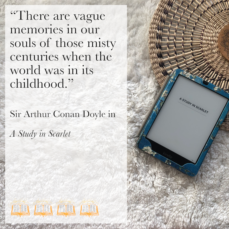 Image of ebook "A Study in Scarlet" with quote from the book.