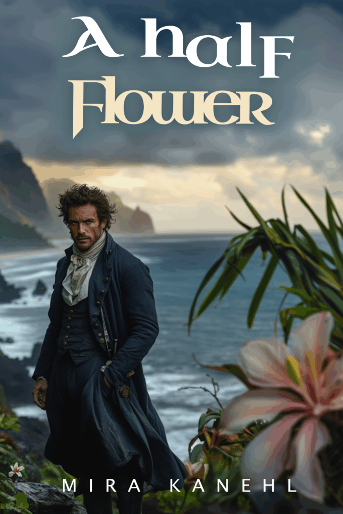 A Half Flower book cover showing Balzac Voclain with a flower and Hawaii in the background.