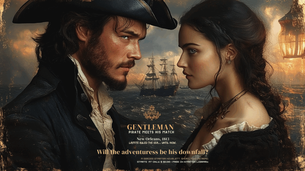 The Adventuress cover image showing Jean Laffite and Cosma Wolfe facing each other, ships in the background.