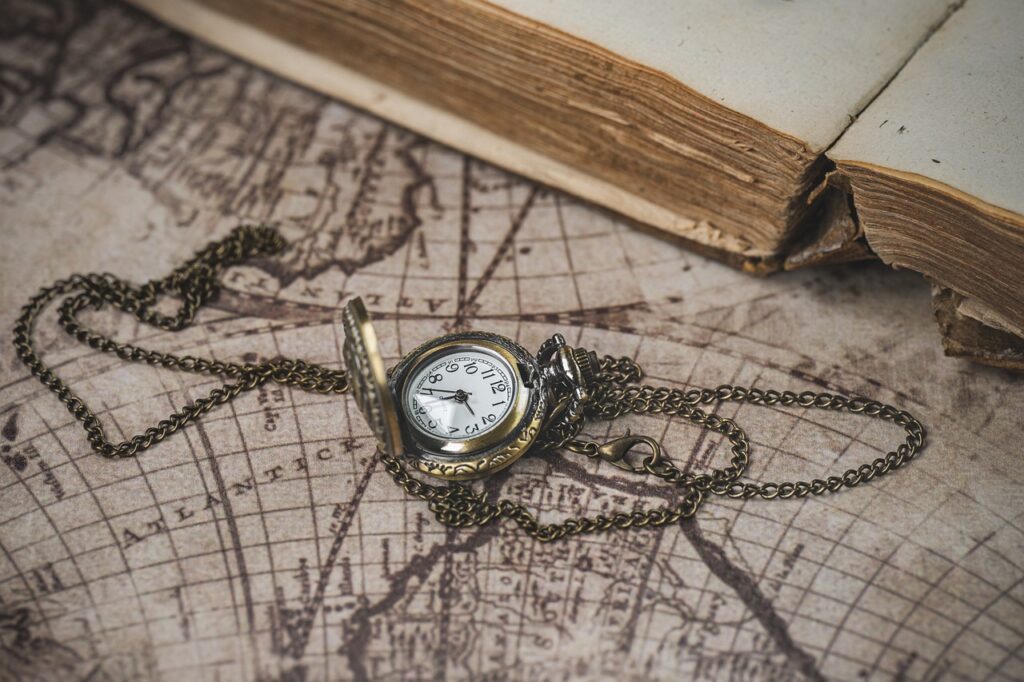 Historical Fiction book with map and watch.