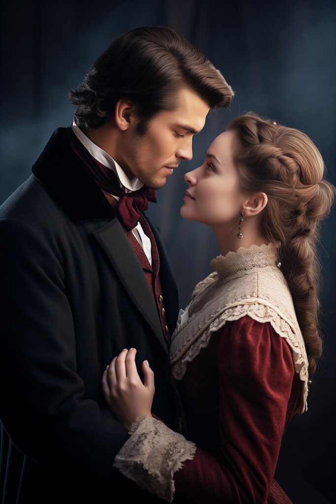 Historical romance periods couple looking at each other.