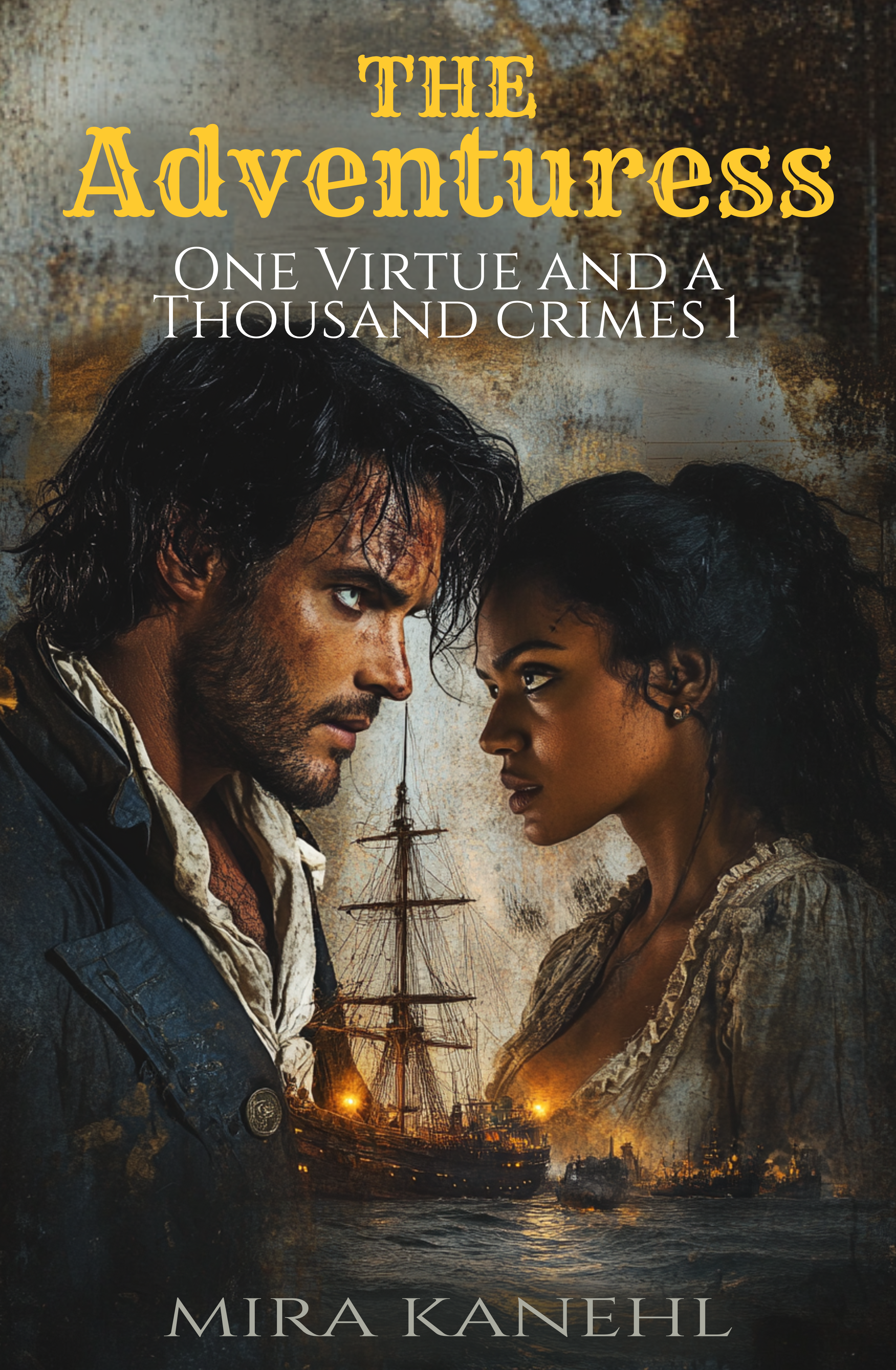 Book cover of The Adventuress: male and female pirate staring at each other with ocean and ships backdrop.