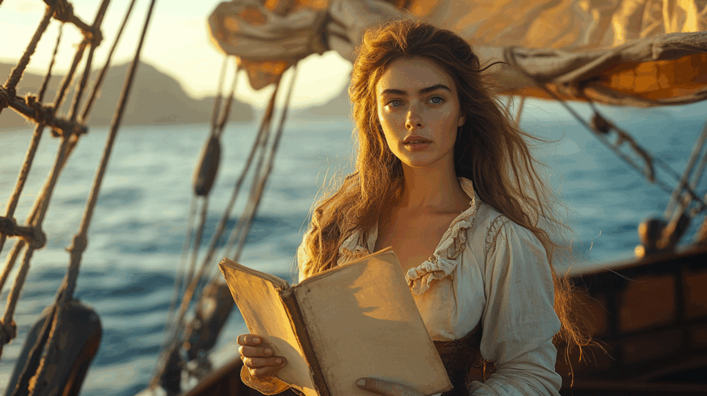 Pirate woman reading a book on a ship.