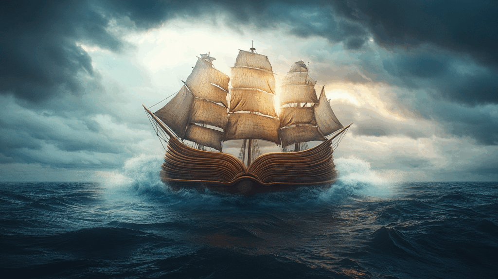 A ship and book melted into one phantasy image.