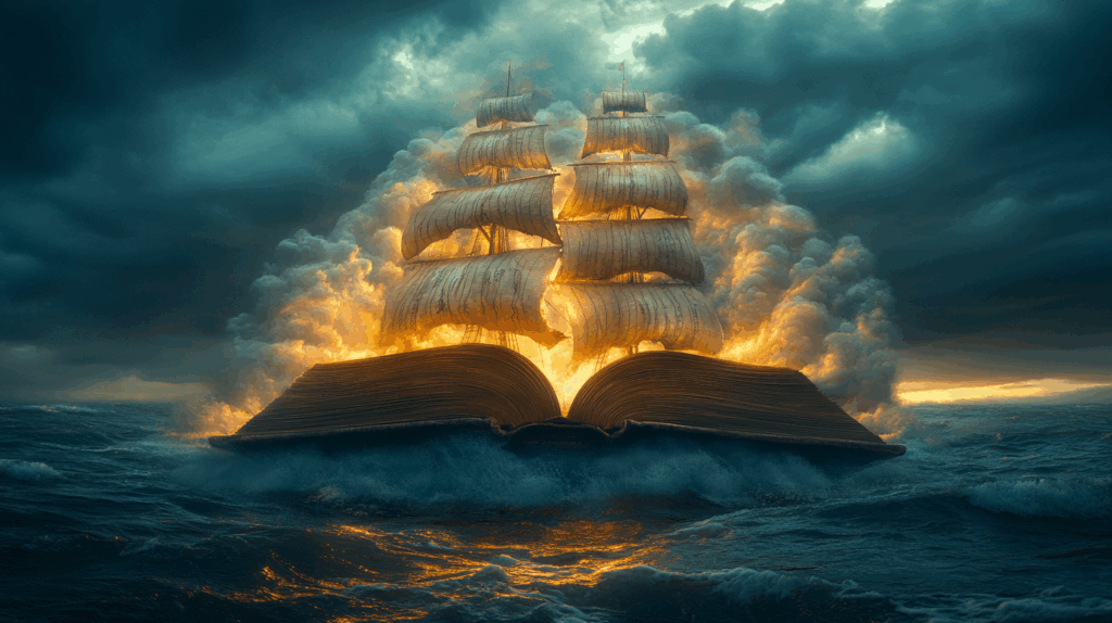 A book and ship merged in conceptual art (at sea).