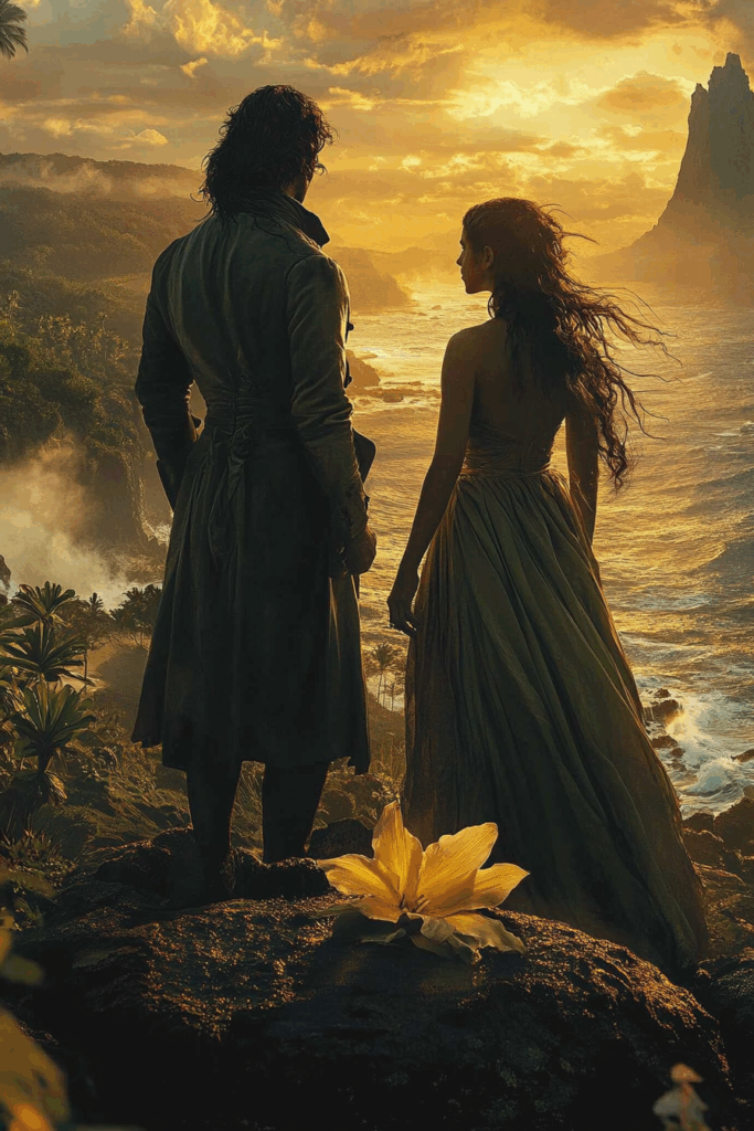 A French doctor and his companion staring into the Hawaiian wilderness of 1827, with a flower in the foreground.