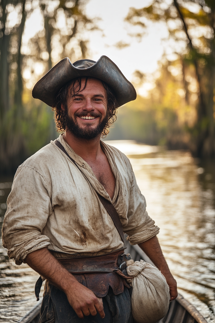 Image of Germain, a character in The Ocean's Calling and The Adventuress. He's grubby, standing on a pirogue on the Mississippi, and smiling from ear to ear.