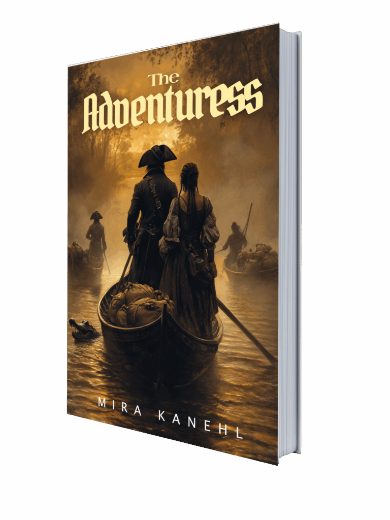 Packshot of The Adventuress by Mirà Kanehl. The book cover shows Jean Laffite wearing a tricorn hat and Cosma Wolfe on a pirogue with loot on the Mississippi with other pirogues in the background and a crocodile next to them.