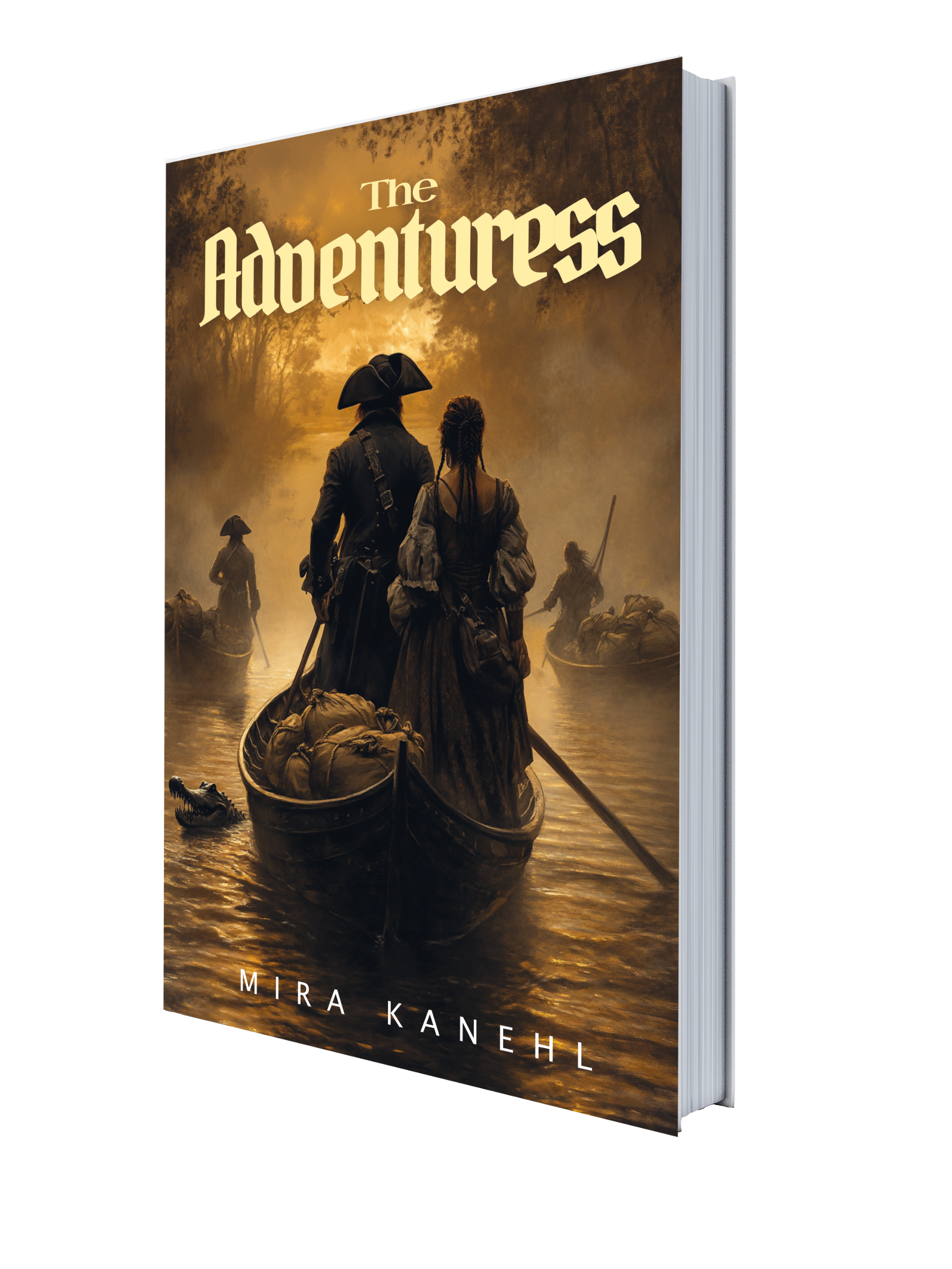Packshot of The Adventuress by Mirà Kanehl showing a pirogue on the Mississippi with a man wearing a tricorn hat and a woman beside him, several more pirogues in the background and a crocodile in the river.