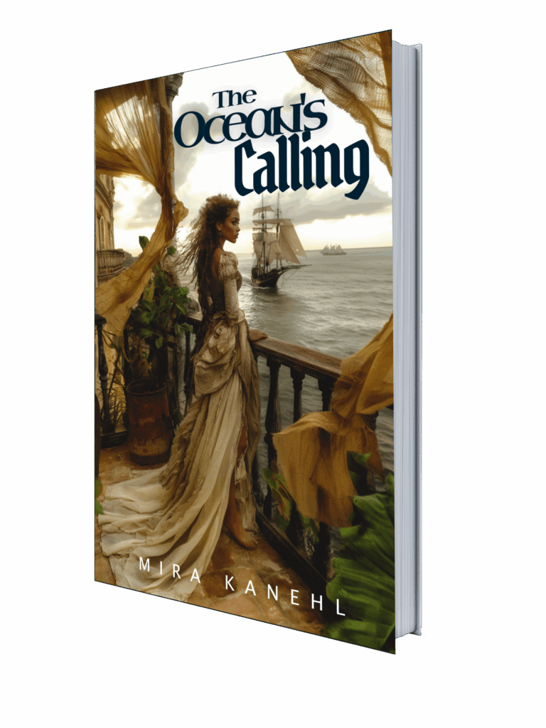 Packshot of The Ocean's Calling by Mirà Kanehl. A New Orleans mulatto woman standing on a French balcony staring out to sea, yearning for it, wearing period clothing and looking a little wild. At sea there's a ship in the background.