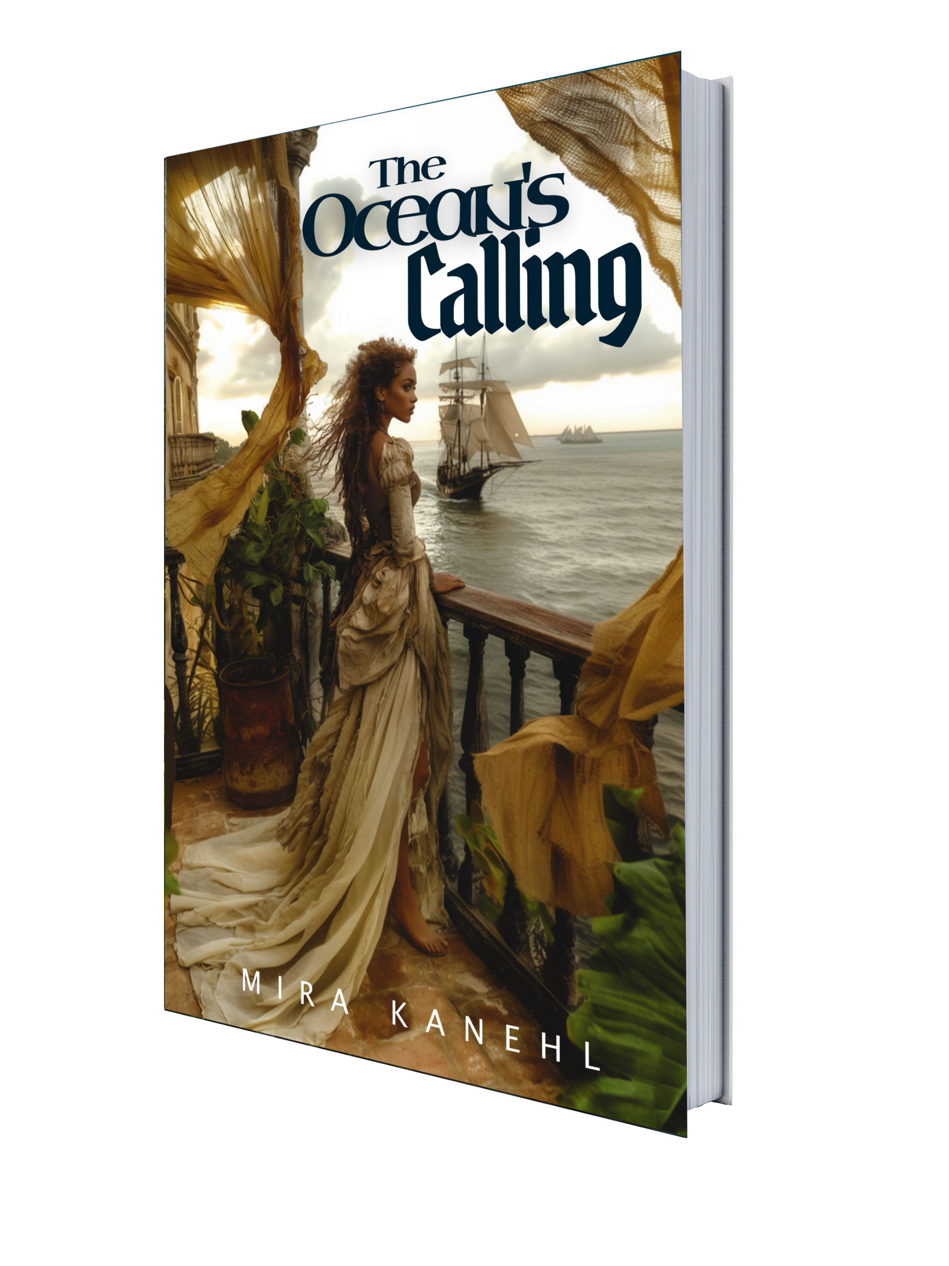 Packshot of The Ocean's Calling by Mirà Kanehl. A New Orleans mulatto woman standing on a French balcony staring out to sea, yearning for it, wearing period clothing and looking a little wild. At sea there's a ship in the background.