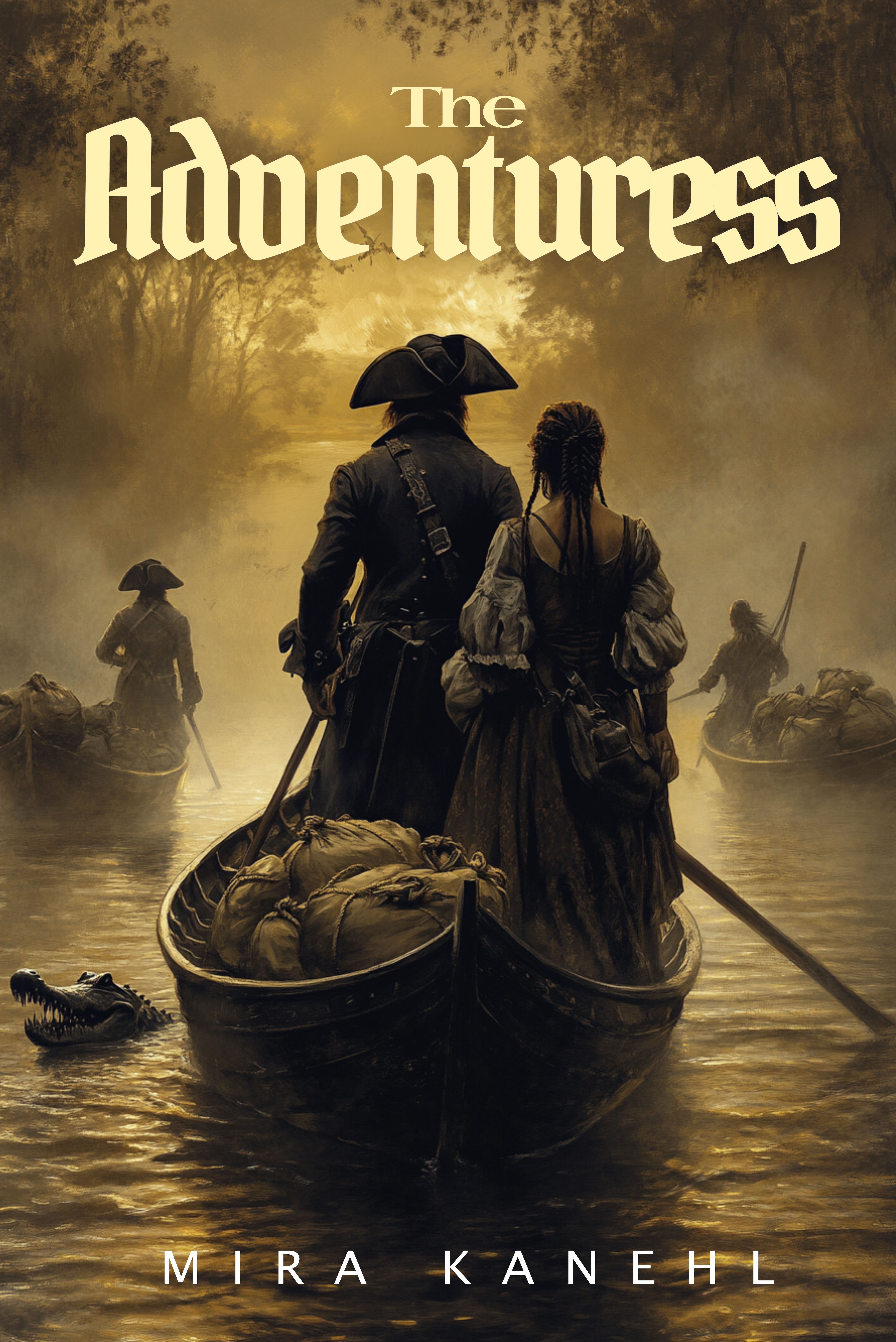 Book cover of The Adventuress by Mirà Kanehl. Jean Laffite wearing a tricorn hat and Cosma Wolfe on a pirogue with loot on the Mississippi with other pirogues in the background and a crocodile next to them.