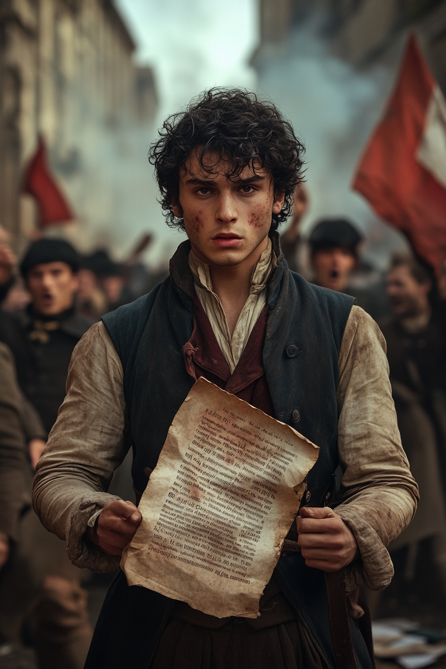 Image of Victor, a character in A Half Flower by Mirà Kanehl. It shows a student with black curly hair standing amidst a small revolution, he's holding up a pamphlet.