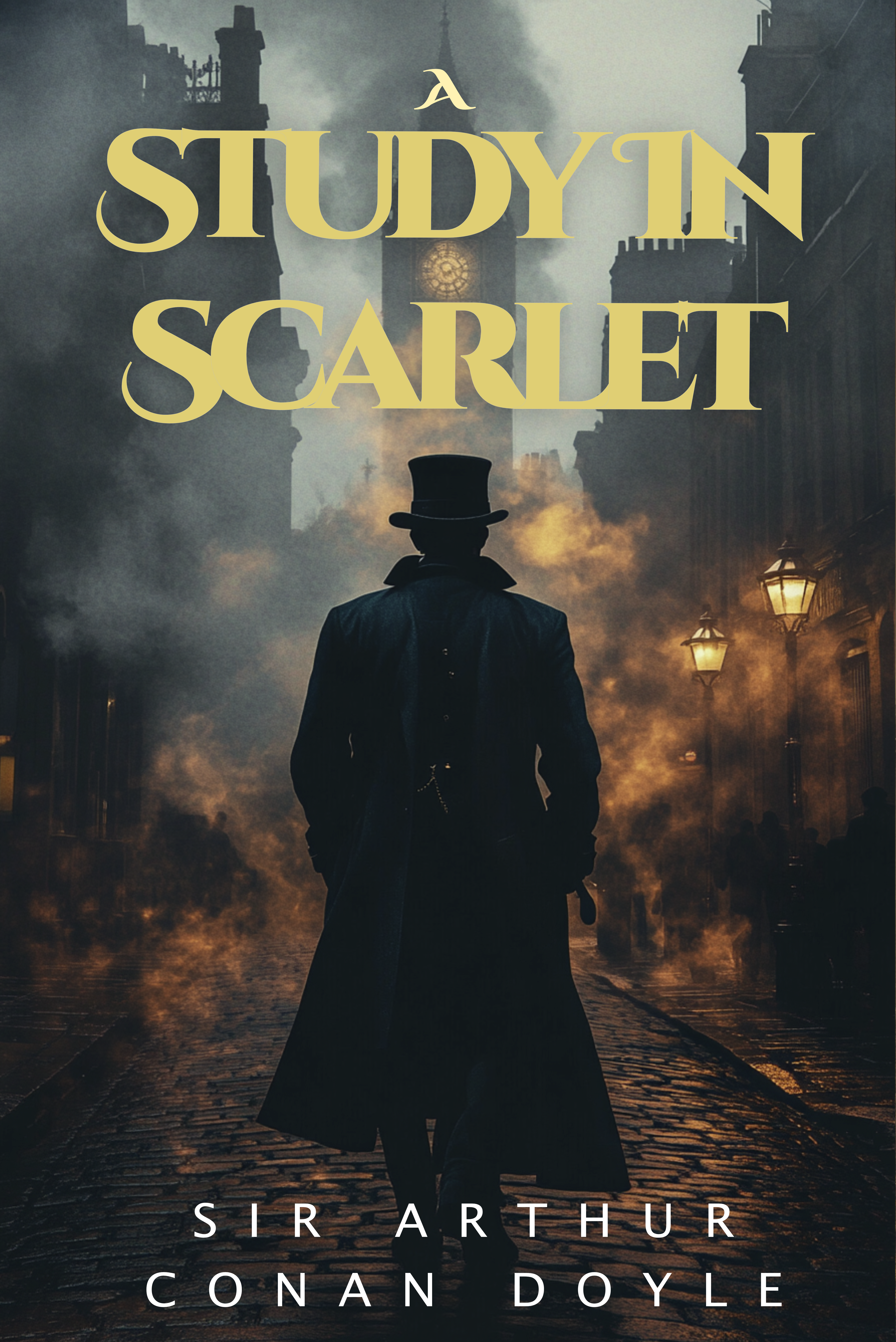 eBook cover of A Study In Scarlet by Sir Arthur Conan Doyle showing Sherlock Holmes striding the streets before the London Tower.