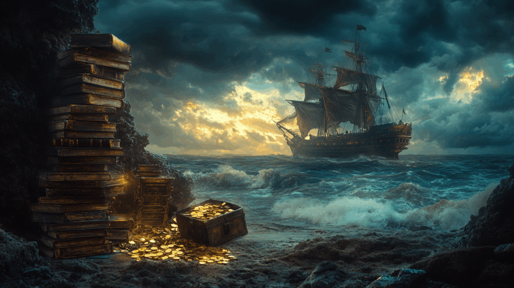 Cinematic image of pirate novels and a treasure on a shore and a pirate ship sailing into stormy waters.