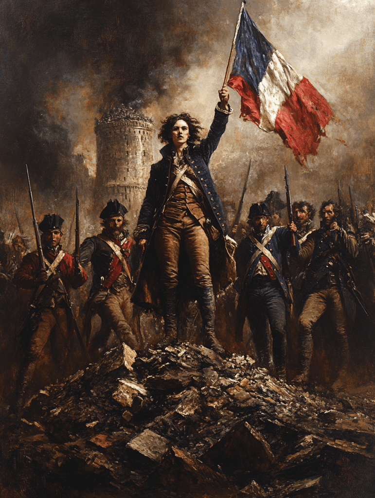 Image of a female revolutionist atop a pile, holding a flag