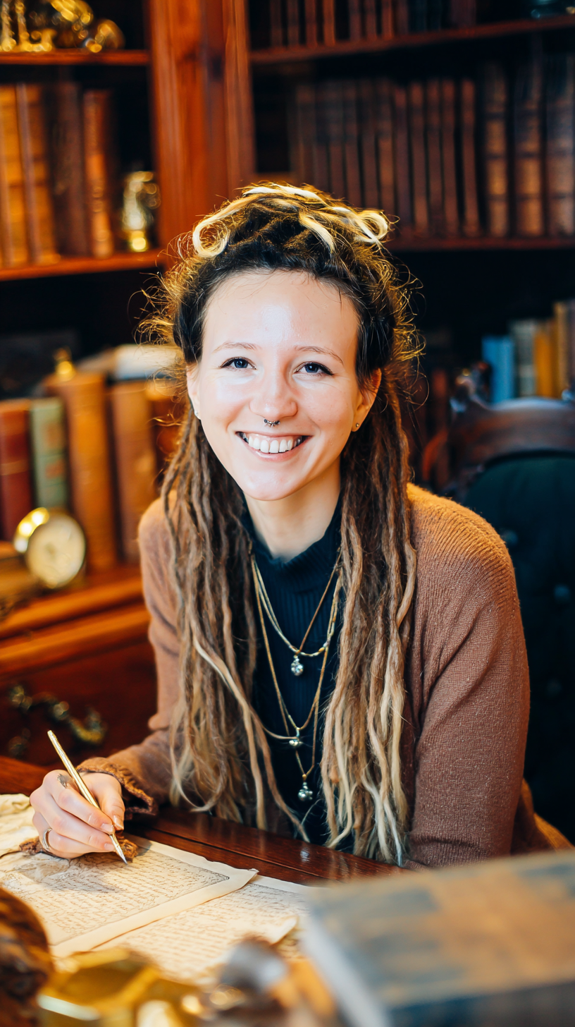 Author Mirà Kanehl, writing.