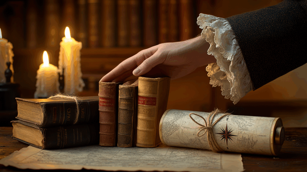 A hand showing you books and maps on a historical table with candle light setting.