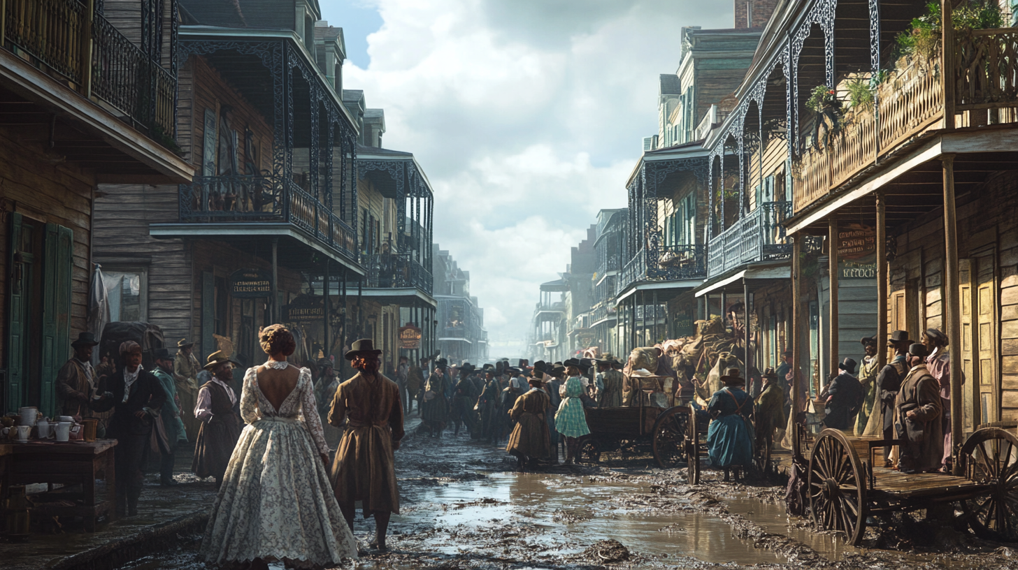 AI image of New Orleans as it may have looked, with banquettes, mud, colorful houses, and people in dresses of the time.
