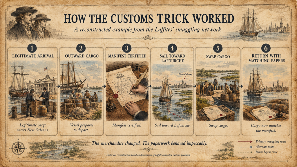 Historical infographic showing how a Jean Laffite customs-manifest scheme could make contraband loaded near Bayou Lafourche appear properly documented when returned to New Orleans.