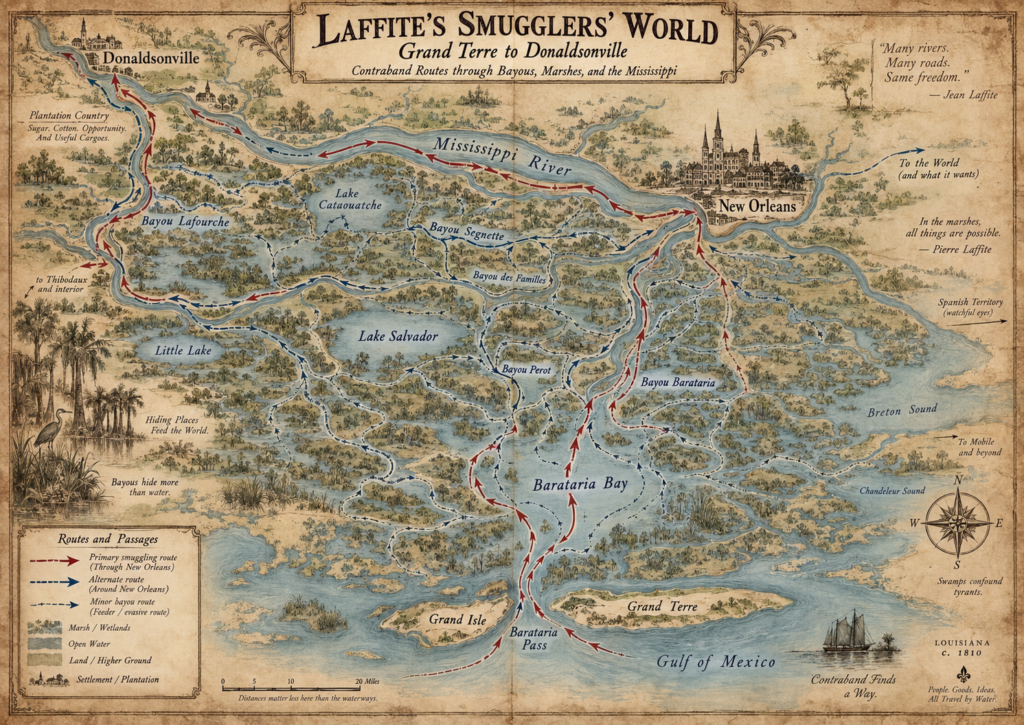 Historical companion map of Jean Laffite’s smuggling network from Grand Terre and Barataria Bay through New Orleans and Bayou Lafourche to Donaldsonville.